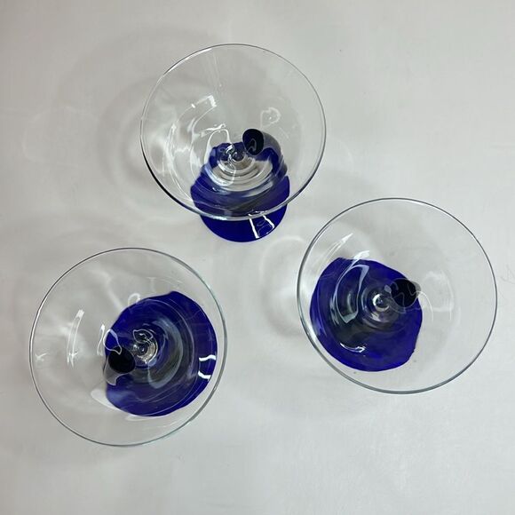 Libby Martini Glasses Cobalt Blue Curved Stem Art Glass Swerve Bravura Set 3 - Picture 4 of 8